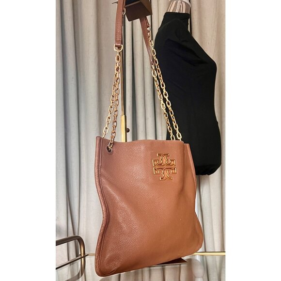 Tory Burch Tan Leather Britten Shoulder Bag With Gold Chain Strap & Logo Detail - Picture 5 of 9